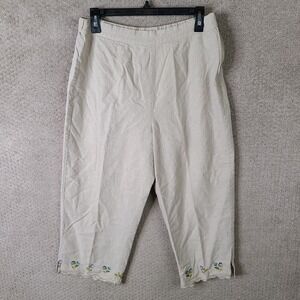 Jordan Pants‎ Womens Large Beige Linen Blend Capri Floral Embroidered Side Zip
